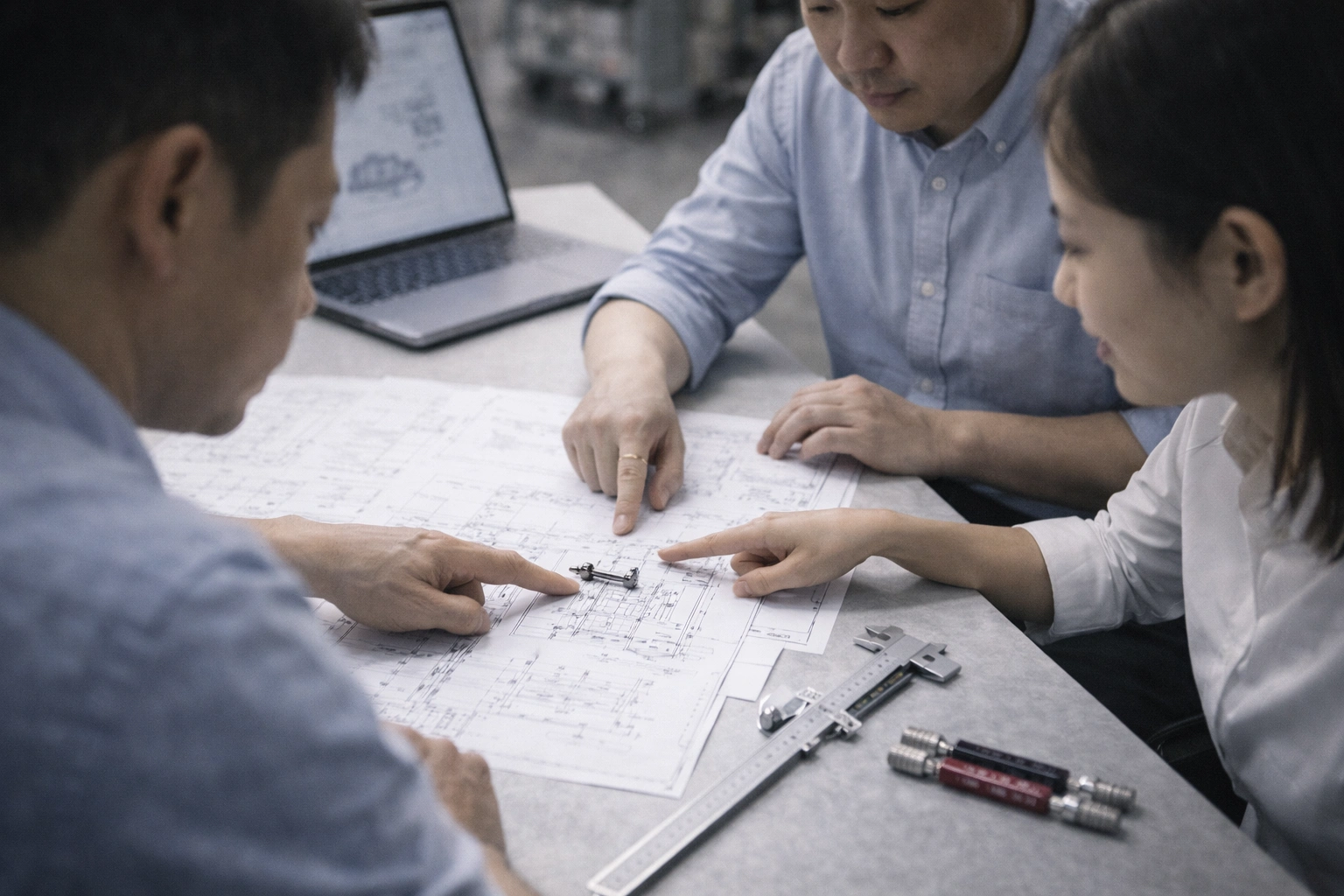 Engineering and sales team reviewing titanium jewelry requirements and samples