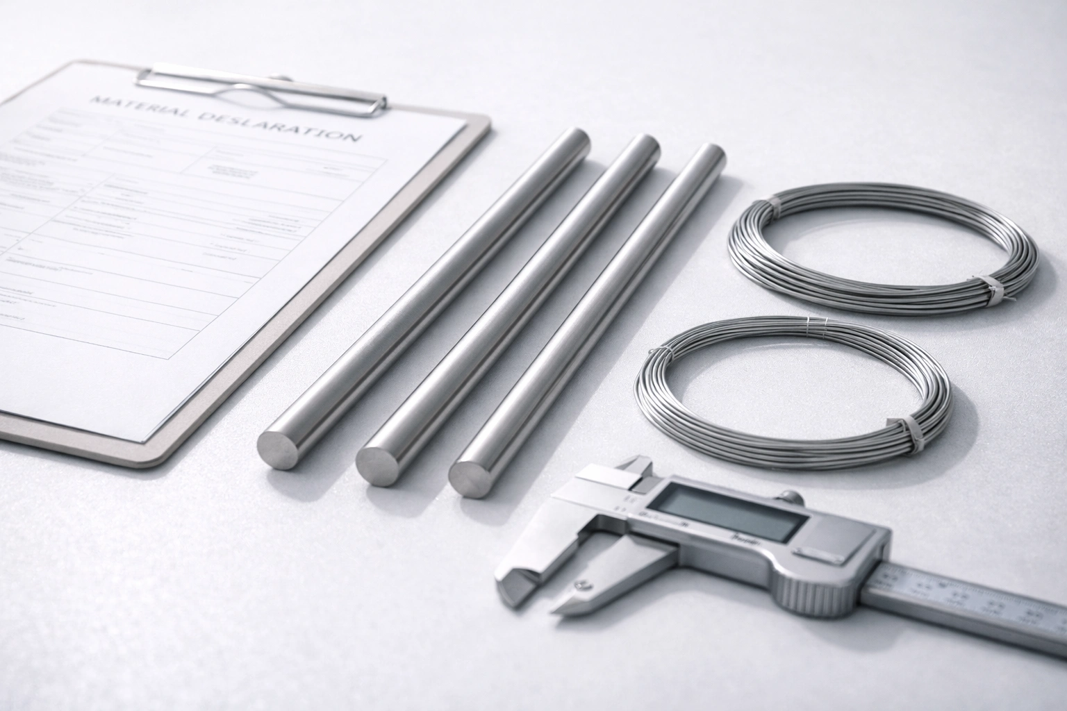 Implant-grade titanium rods and material declaration document with measuring tool