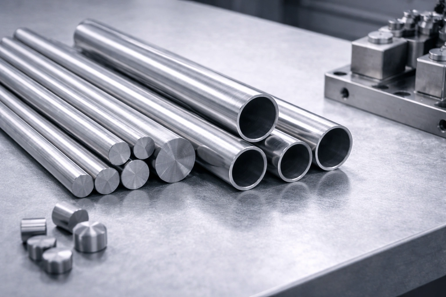 Implant-grade titanium raw material rods and tubes on a clean workbench