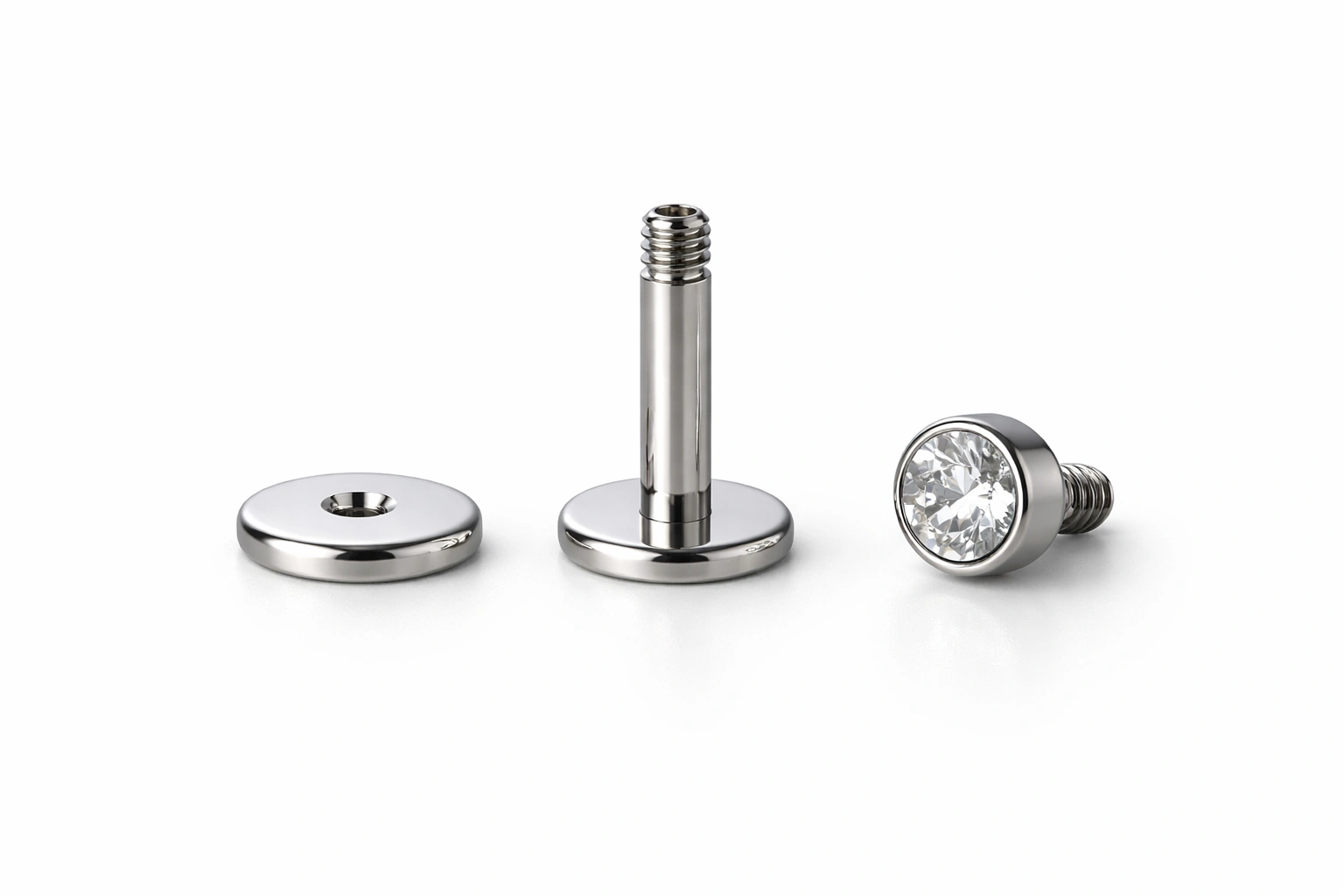 Titanium labret jewelry anatomy showing flat back disc, straight post, and top structure