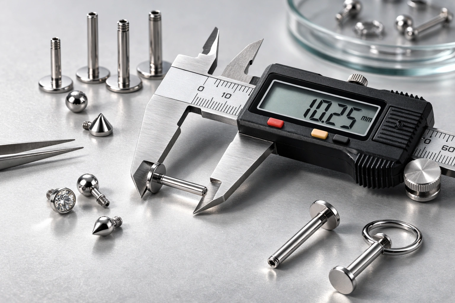 Digital caliper measuring titanium labret length and component dimensions