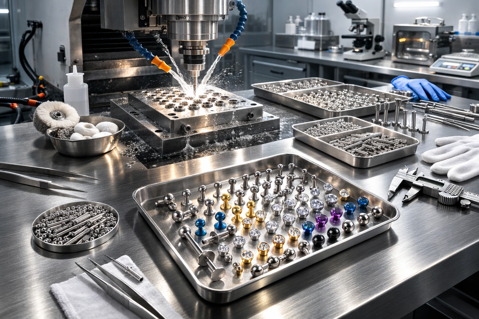 Titanium labret manufacturing process scene: CNC machining and polishing