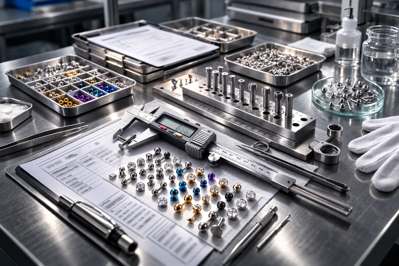 Quality inspection scene: caliper measurement, thread gauge testing, and batch labeling