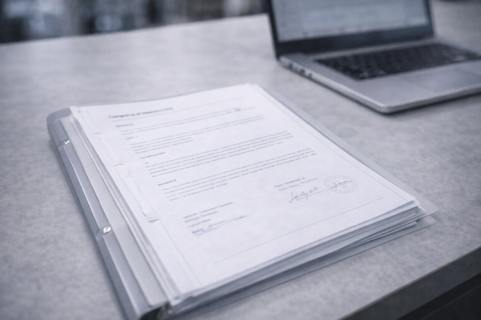 Manufacturing compliance certificate documents and audit folder