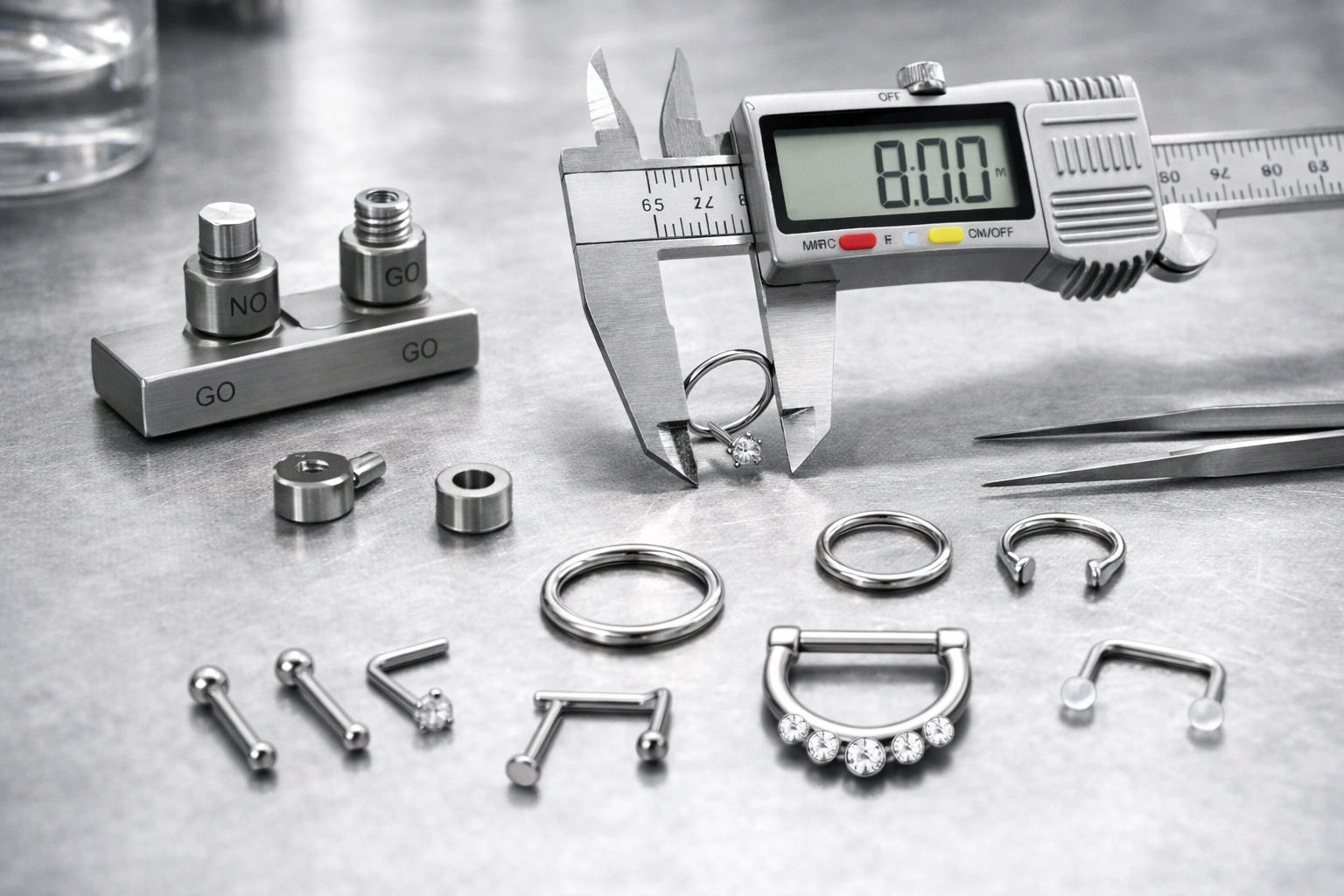 Quality inspection setup showing thread gauges and measurement tools
