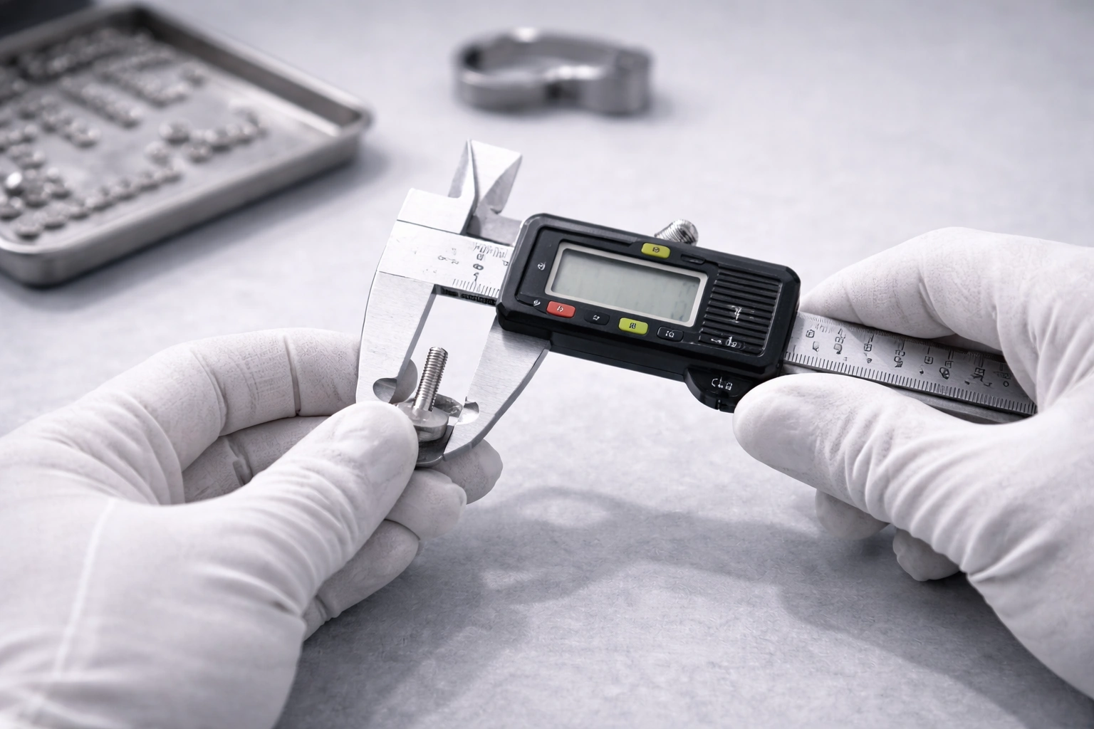 QC caliper measurement for titanium piercing jewelry