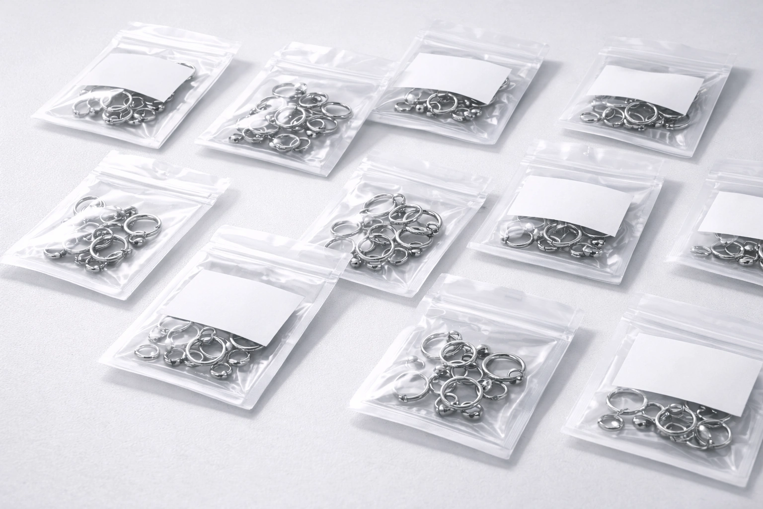 Professional titanium jewelry sample kit with sealed pouches and blank labels