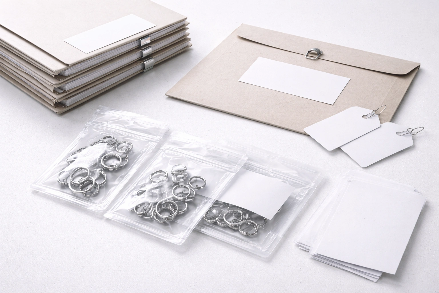Documentation package concept with folders, sample pouches, and blank labels