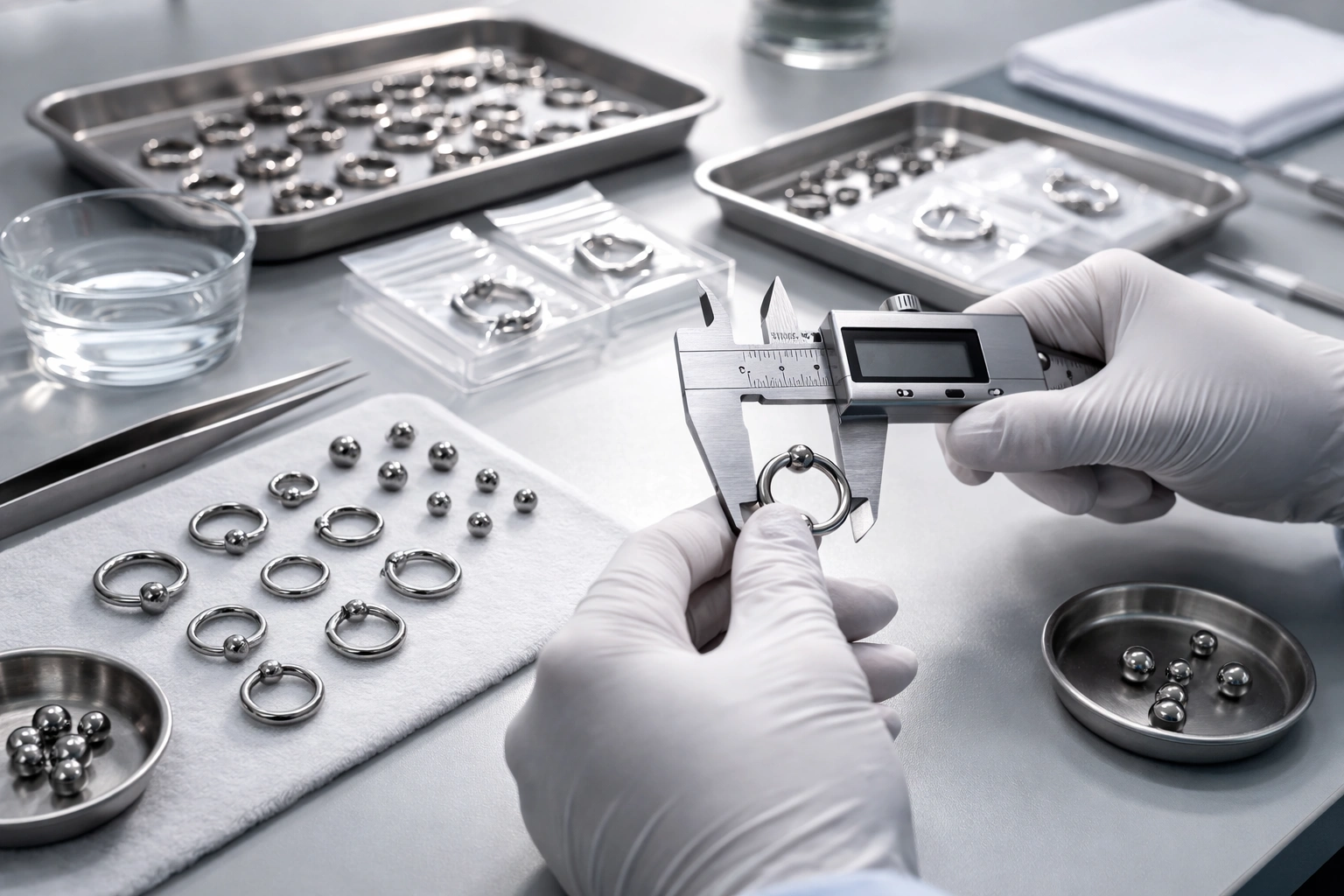 Gloved technician measuring titanium ring components with a digital caliper