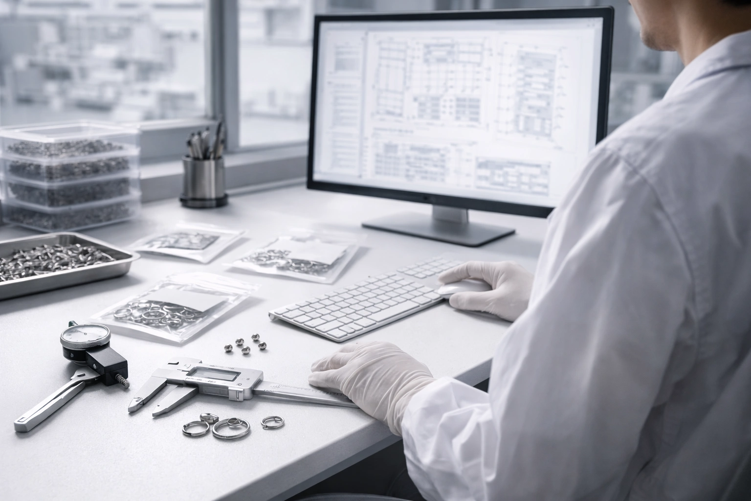 Technician reviewing specifications with titanium parts and measuring tools