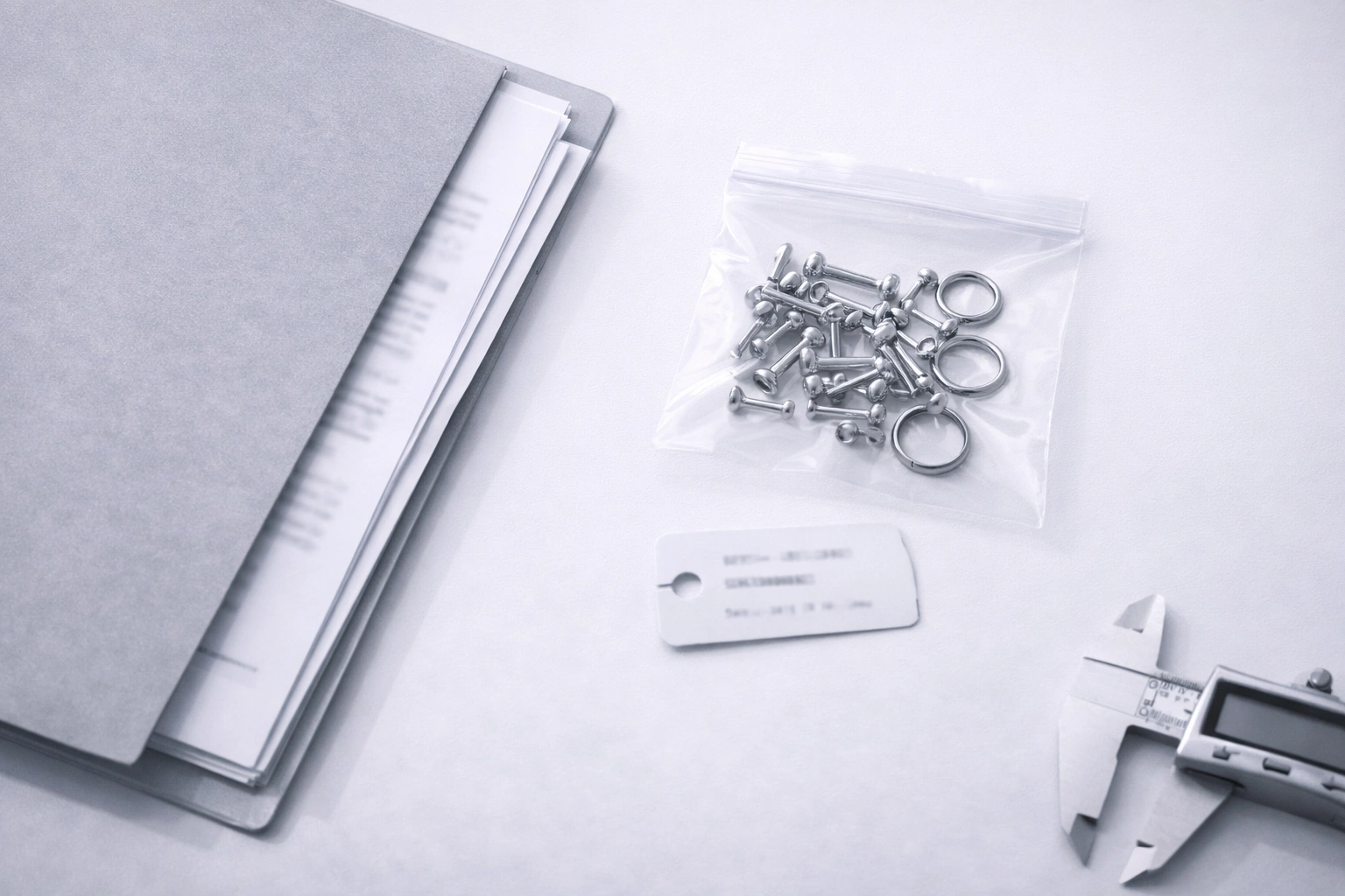 Technical documents, sample bag, and caliper arranged on a clean desk for RFQ compliance support