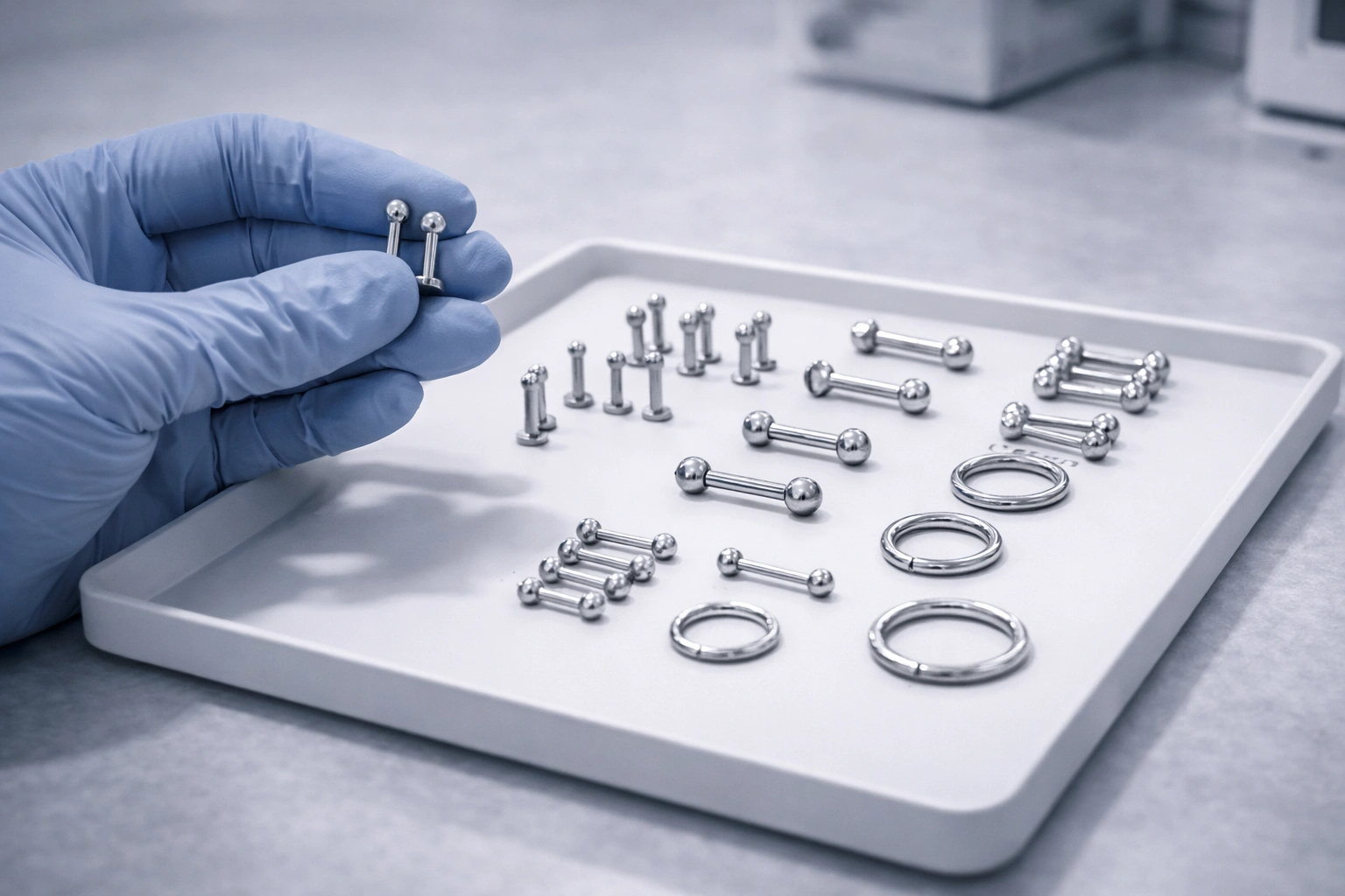 Gloved hands inspecting implant-grade titanium piercing jewelry on a clean quality control workbench