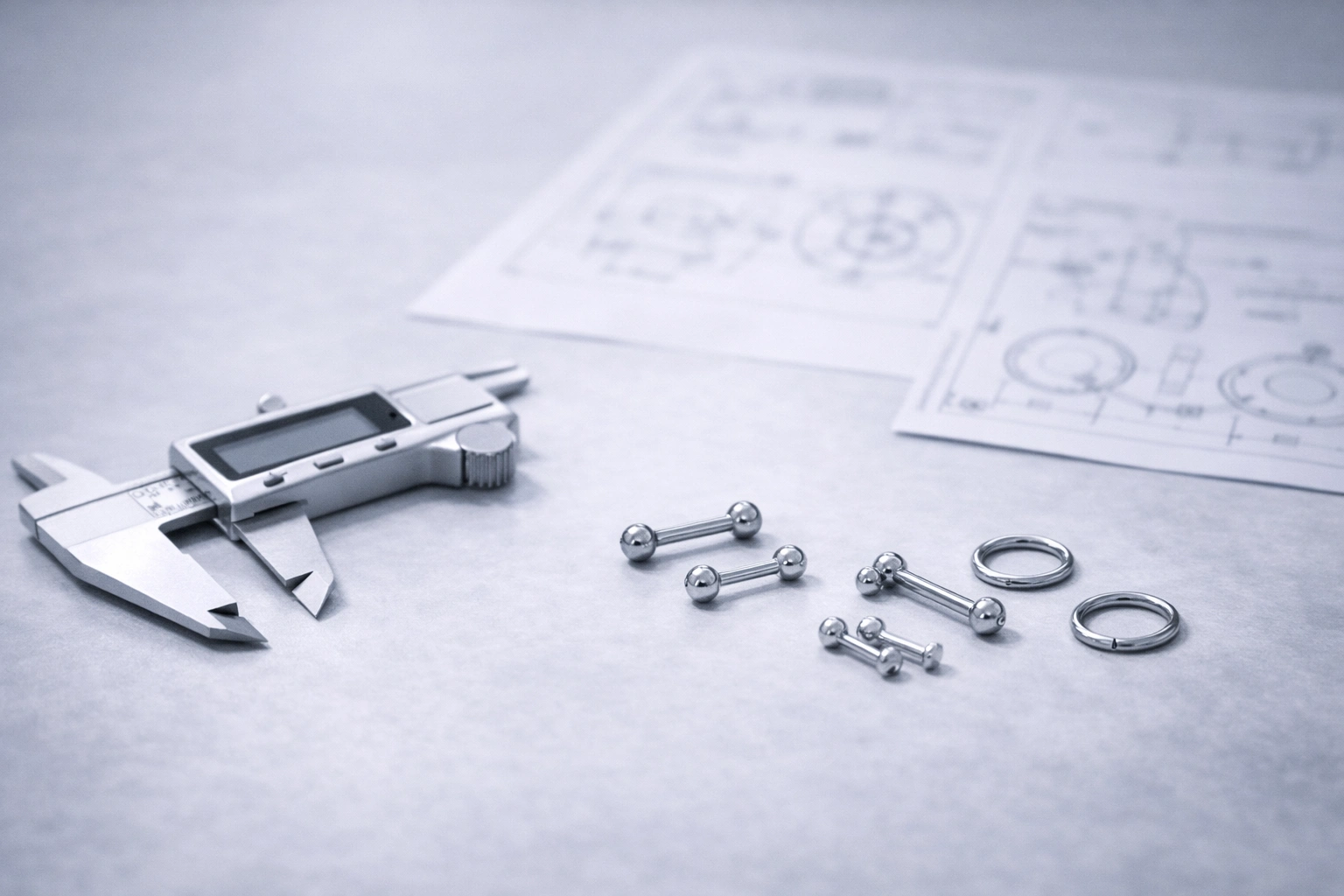 Calipers, blurred technical drawings, and titanium jewelry components on an engineering desk