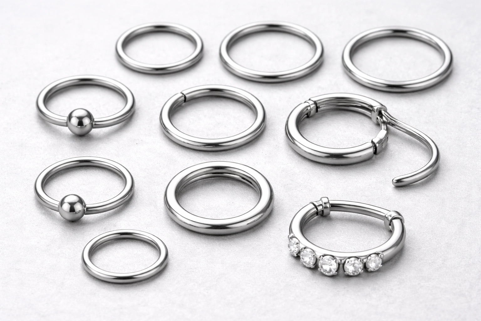 Titanium rings collection including captive bead rings seamless rings segment rings and clicker rings