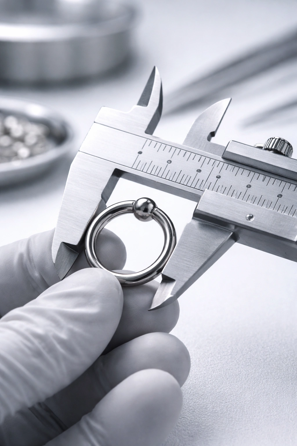 Measuring titanium ring inner diameter with calipers for dimensional verification