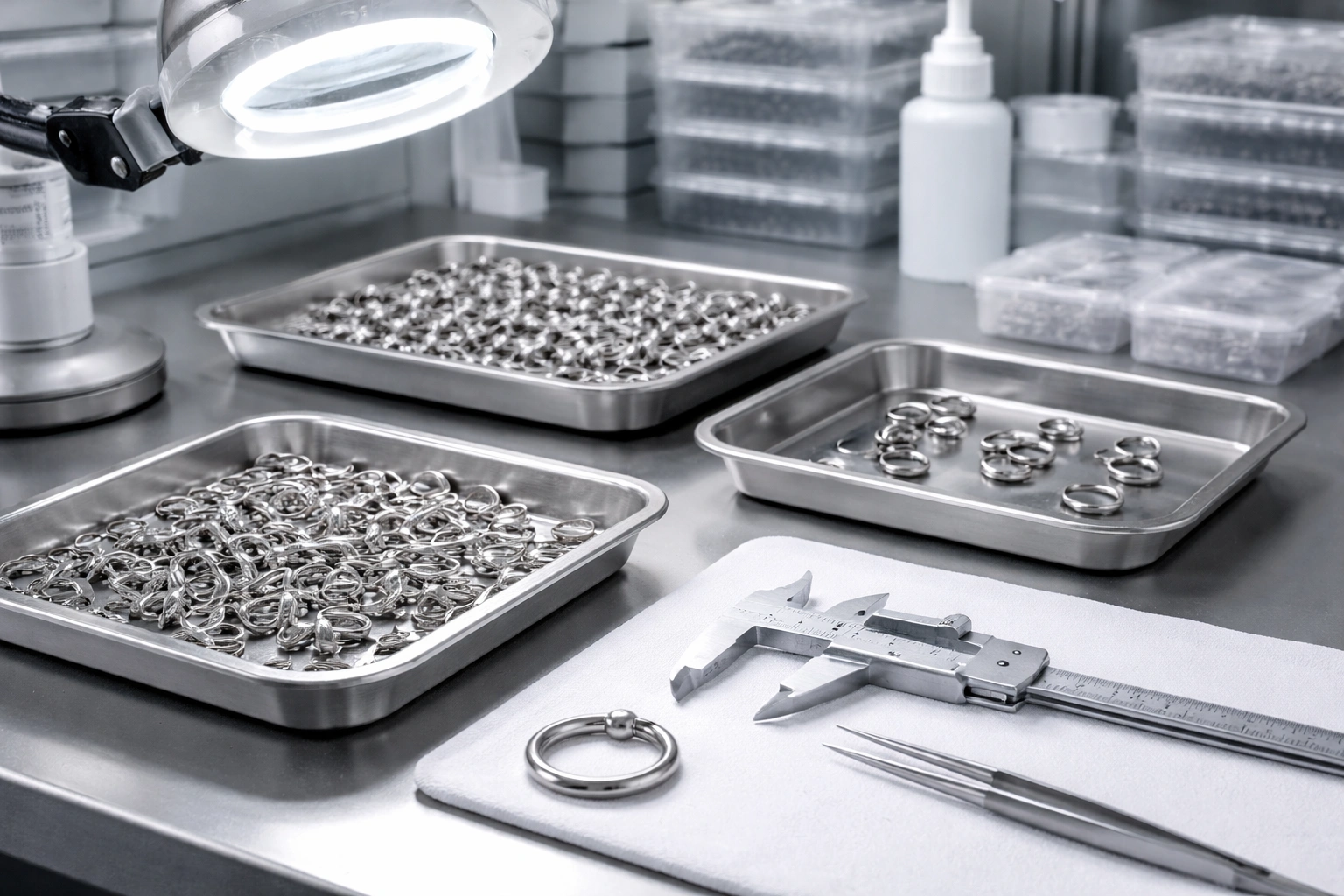 Titanium rings quality inspection bench with gauges trays and documentation blurred