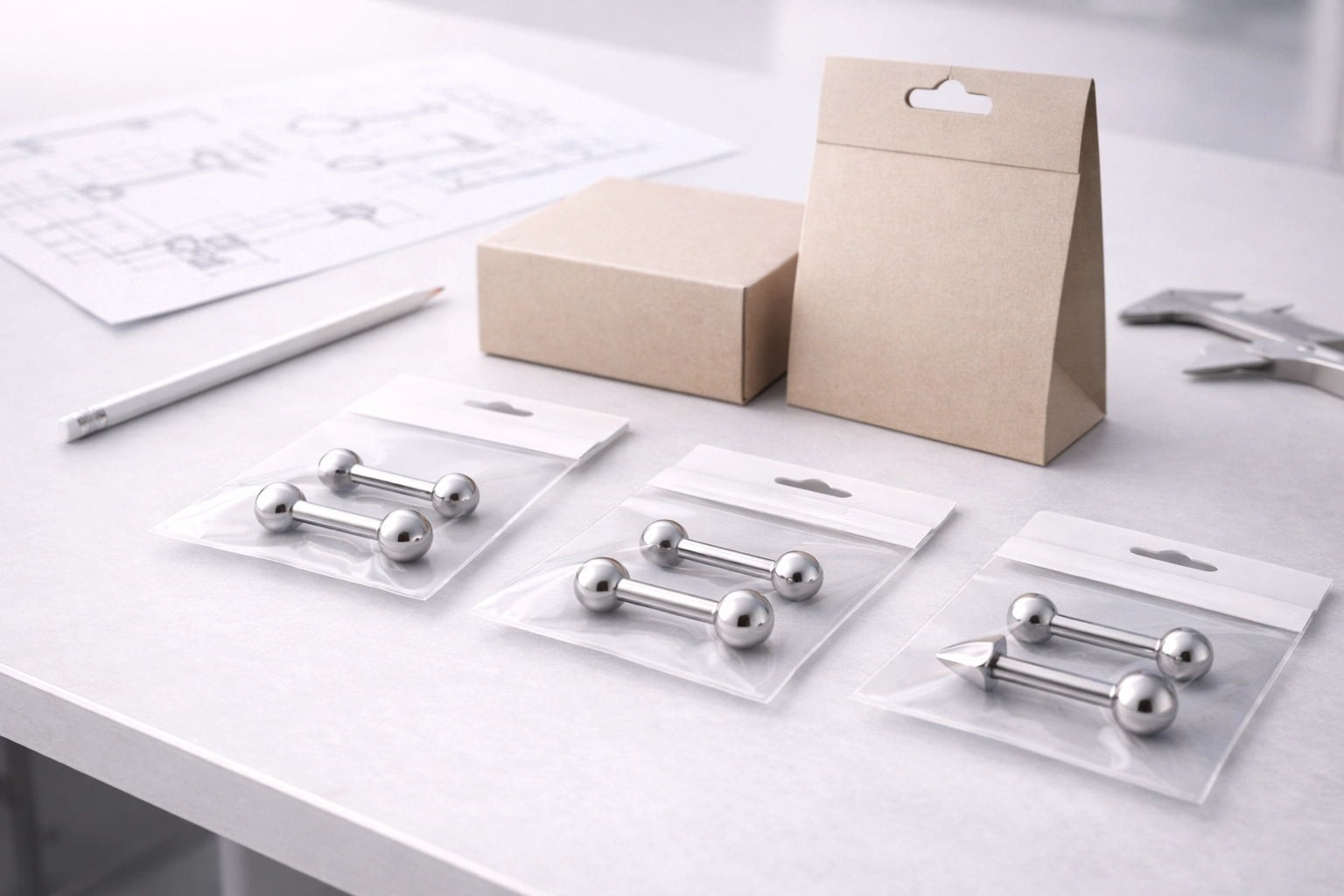 Titanium barbell OEM product development desk with drawings and neutral packaging mockups