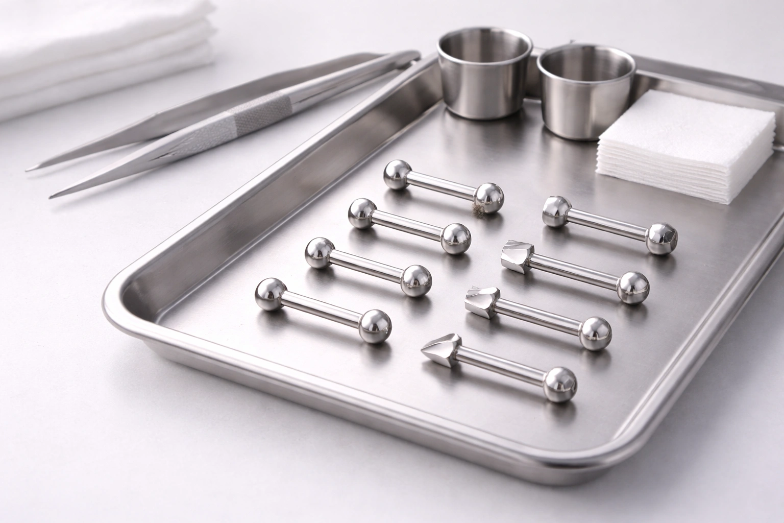 Clean professional piercing studio workbench with titanium barbells