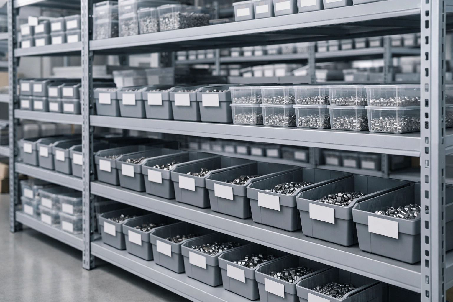 Titanium barbell ready stock inventory in clean warehouse shelving