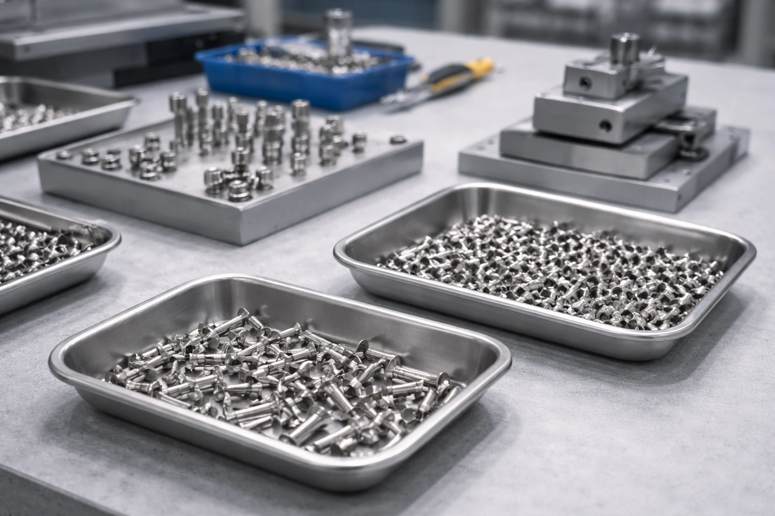 Manufacturing process trays with titanium components in clean production flow