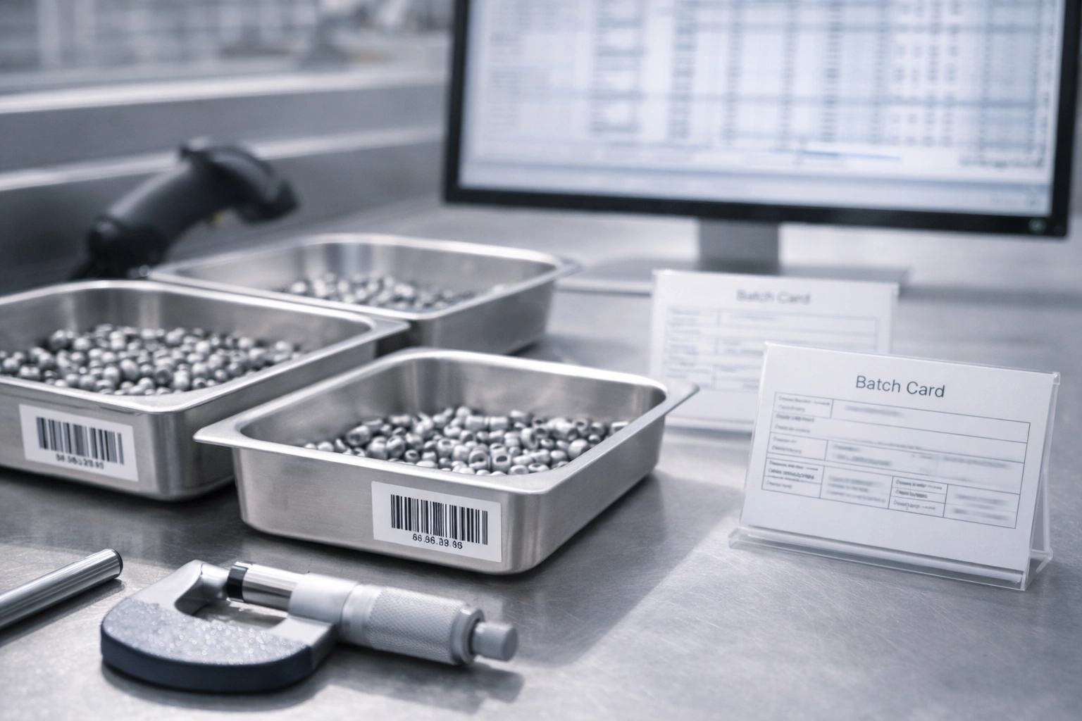 Traceability station with labeled trays, batch cards, and computer records