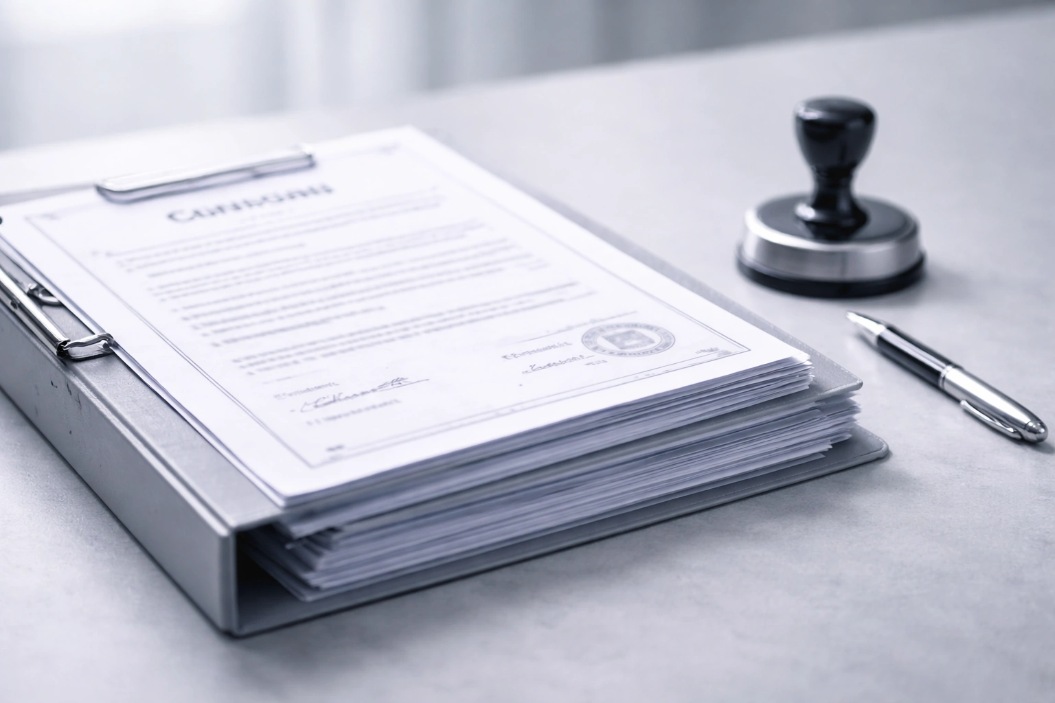 Certification and compliance documents arranged neatly on a clean desk