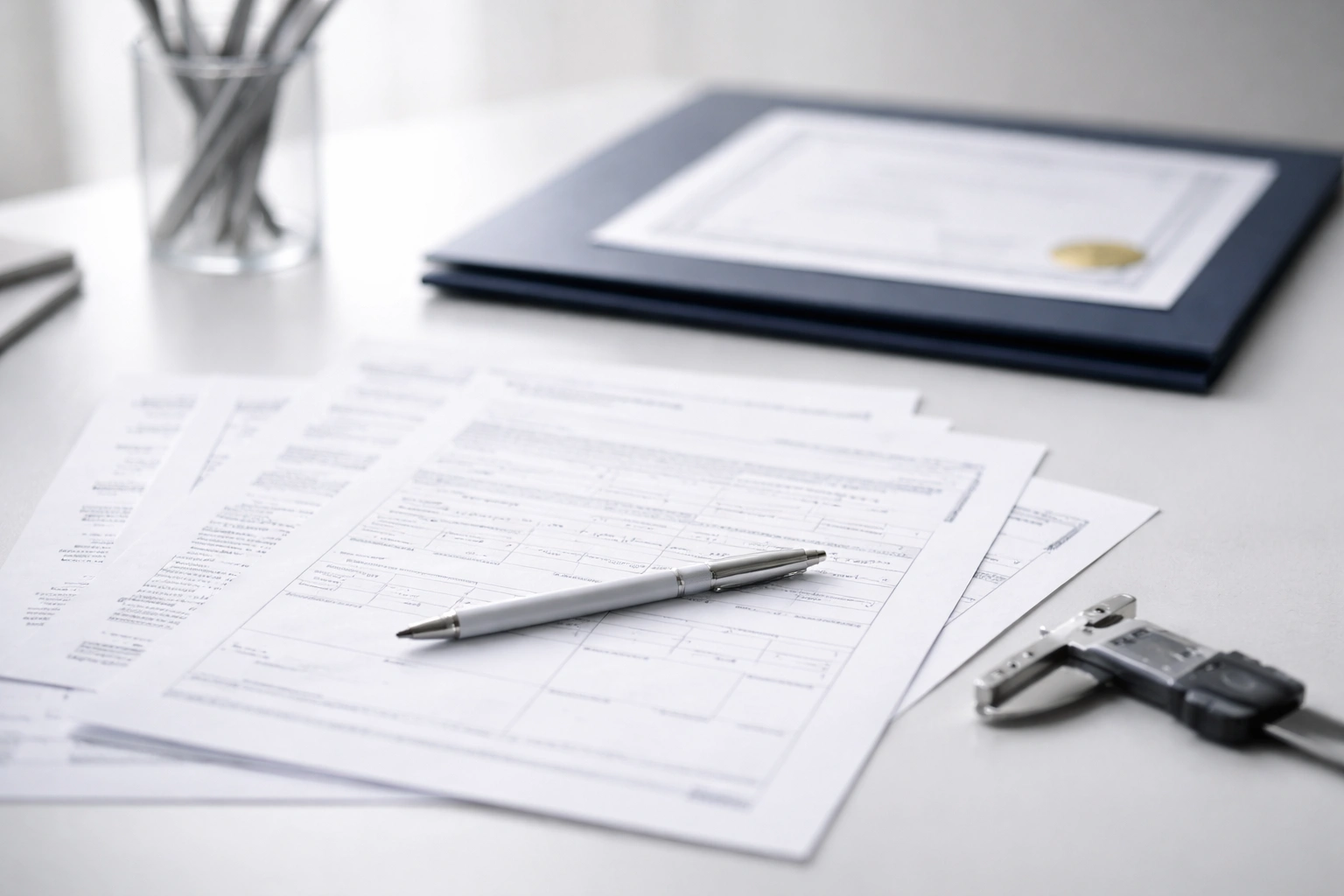 Compliance documentation and certification scene for titanium jewelry manufacturing