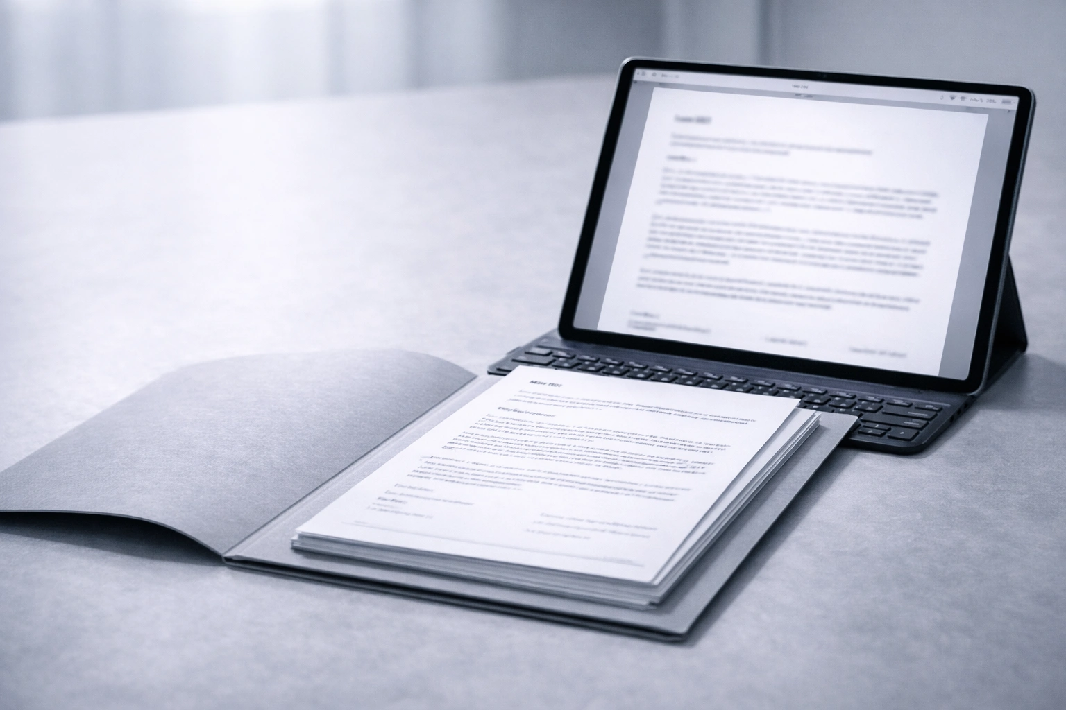 Documentation package concept with folder and blurred PDF on a laptop screen