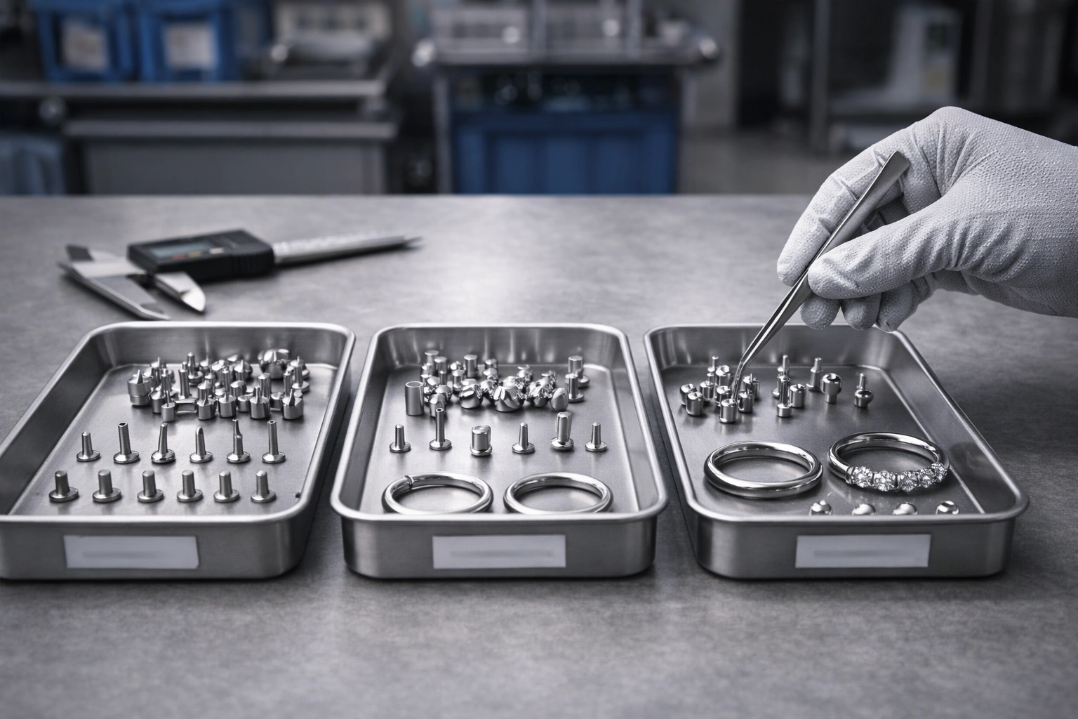 Titanium jewelry manufacturing workflow with trays and staged components
