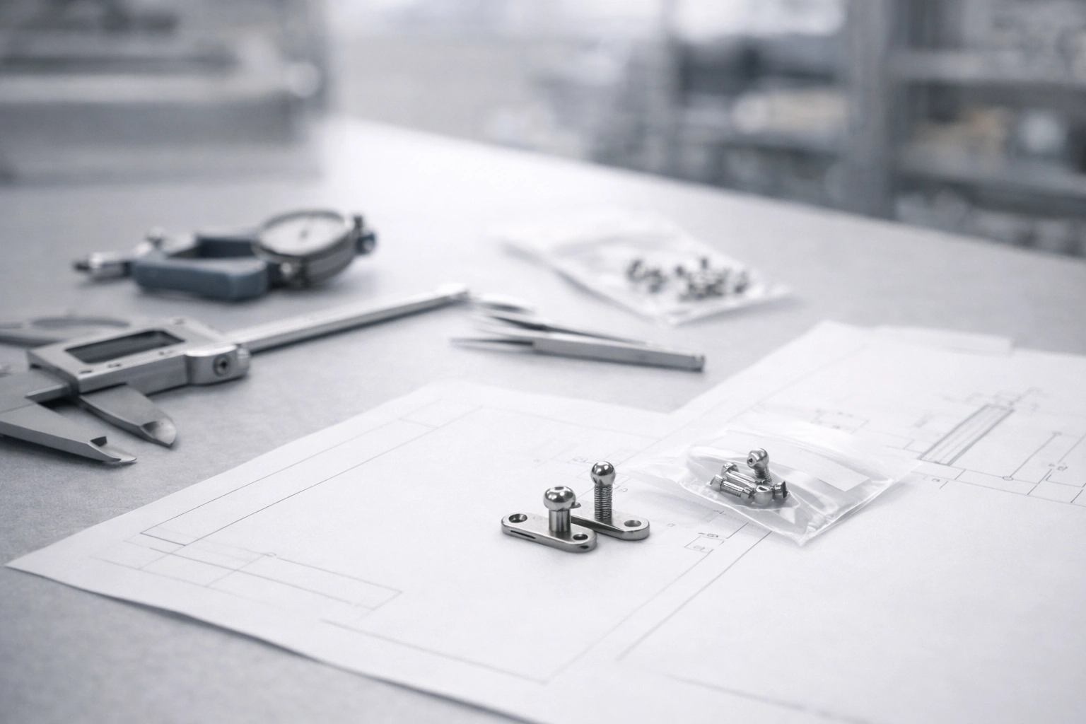 ODM development desk with titanium jewelry samples and tools