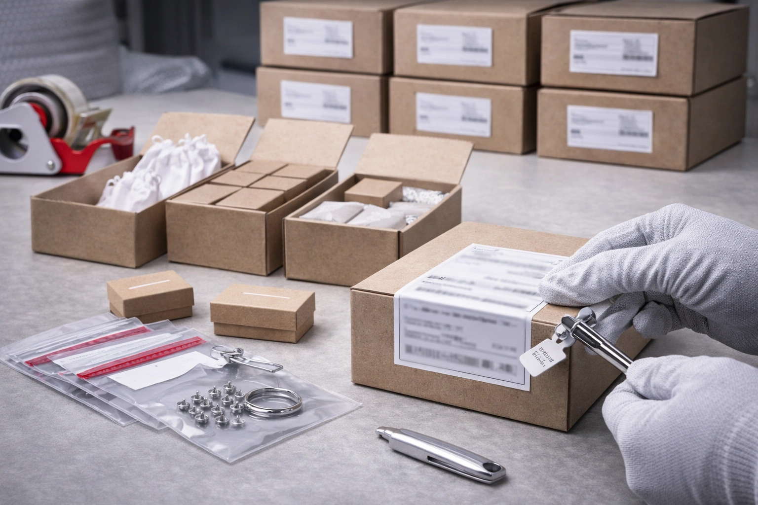 Titanium jewelry packaging and dispatch station with neutral packaging and outbound cartons