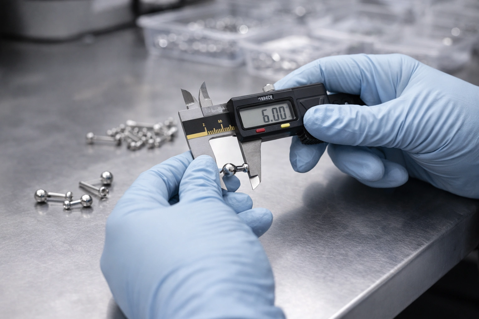 Titanium jewelry quality control and caliper measurement scene