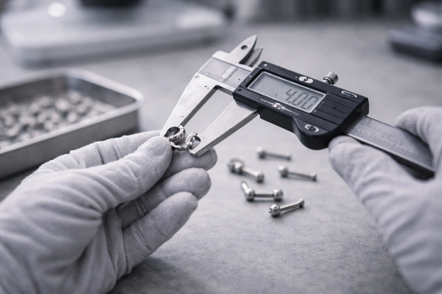 Quality inspection of titanium piercing jewelry using precision caliper measurement