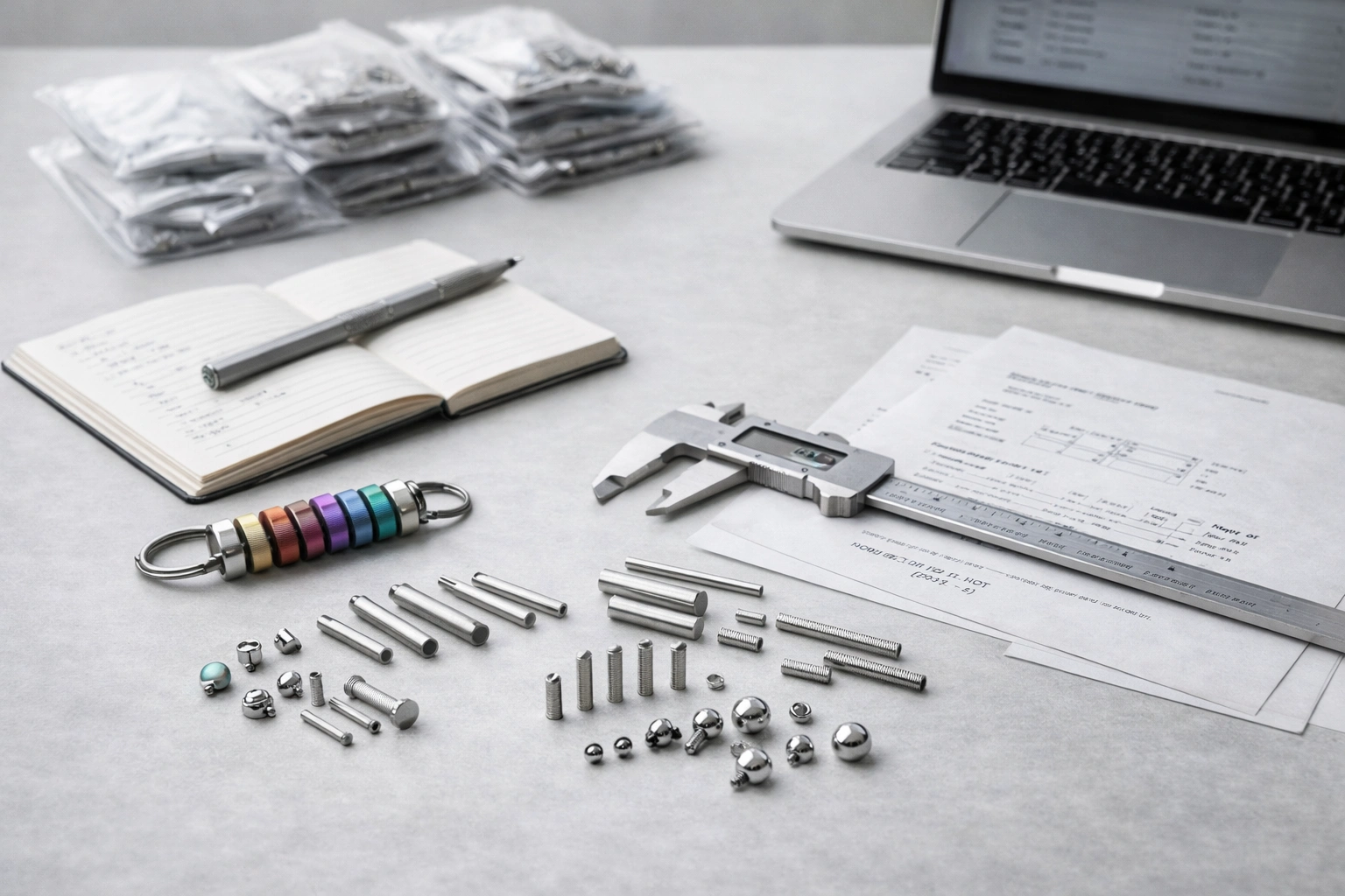 Professional RFQ preparation desk with titanium jewelry samples, caliper, notebook, and laptop