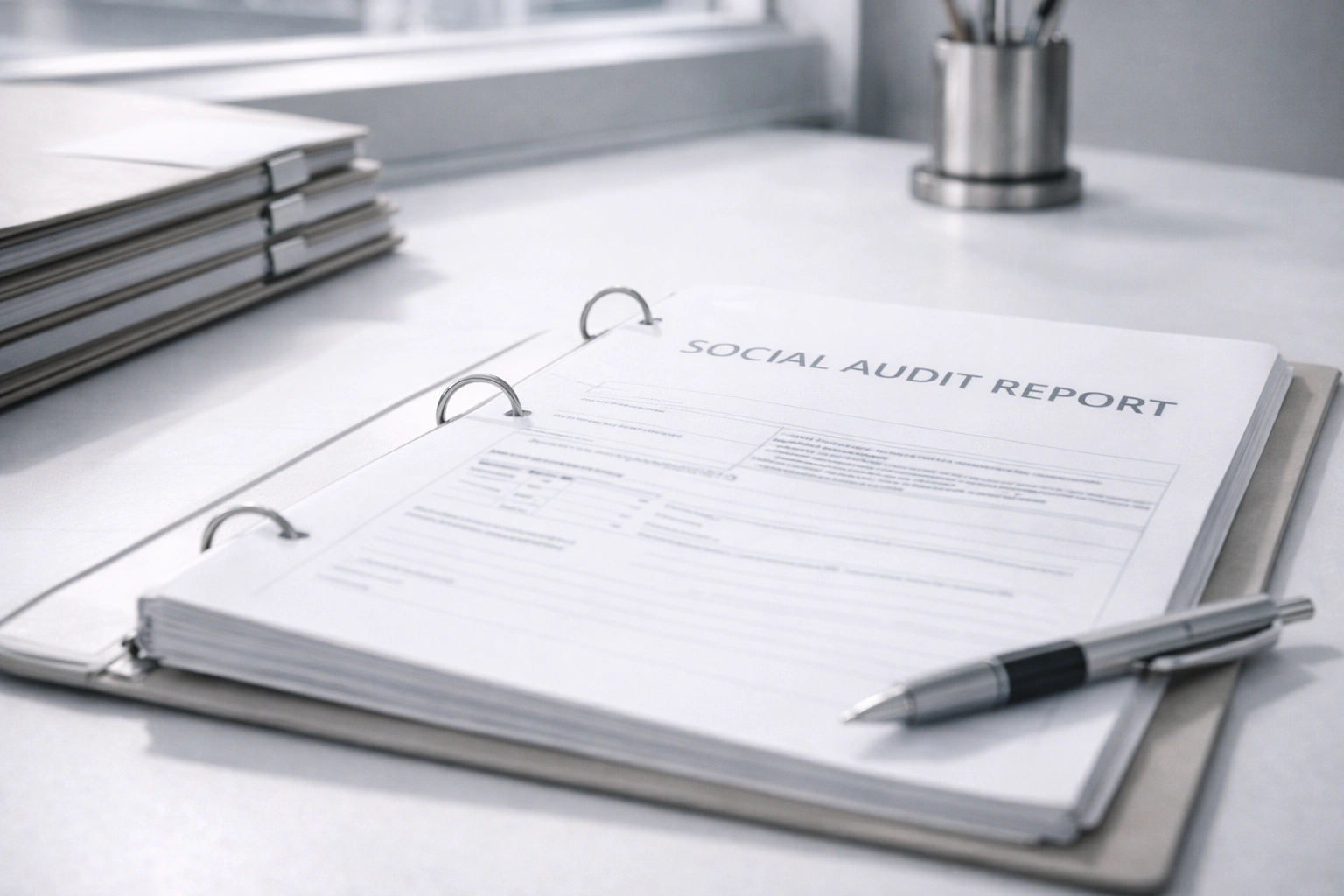 Generic social audit report binder on a desk