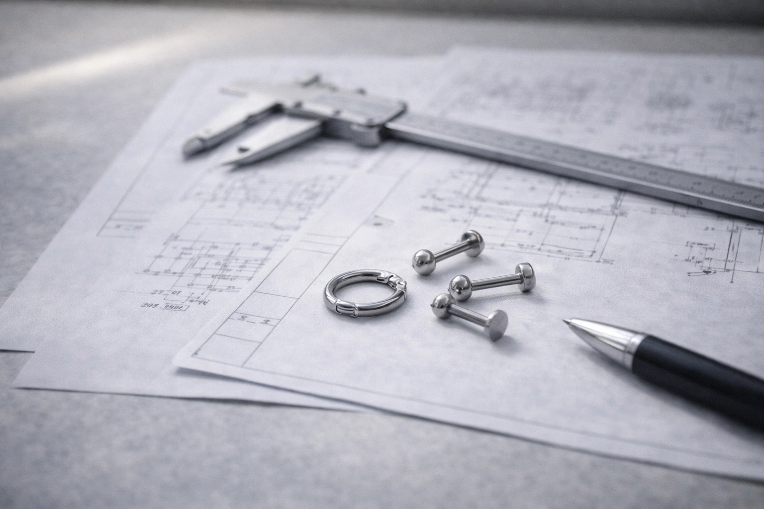 Technical drawings and titanium jewelry samples for RFQ review