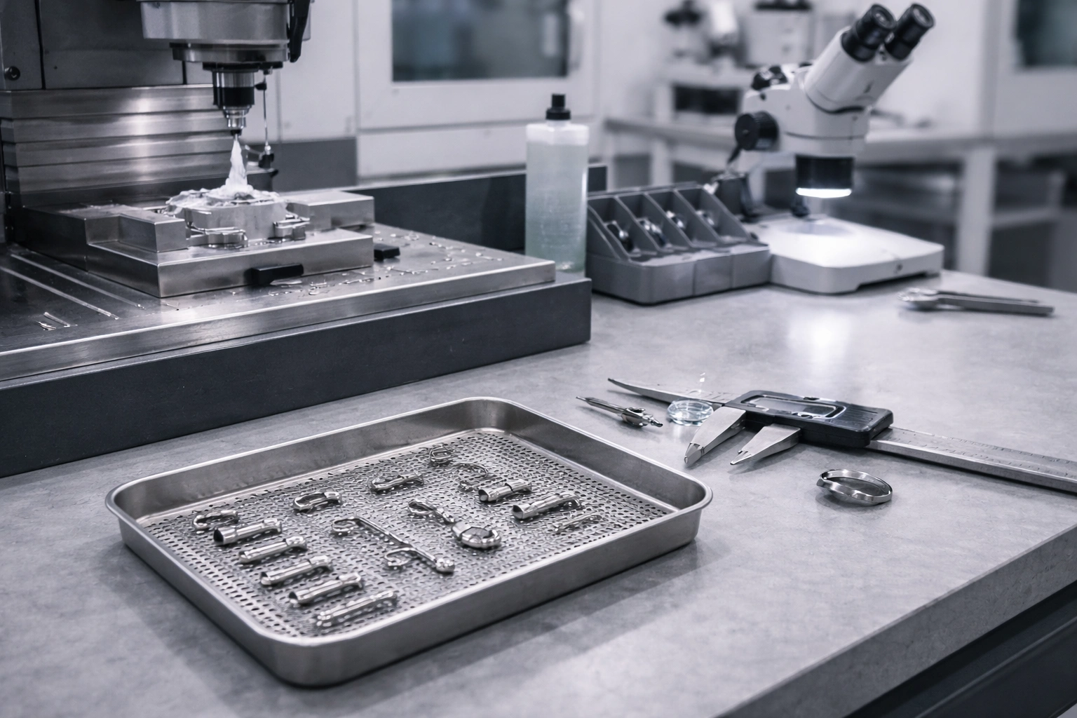 Titanium piercing jewelry manufacturing workshop overview with clean production and inspection environment