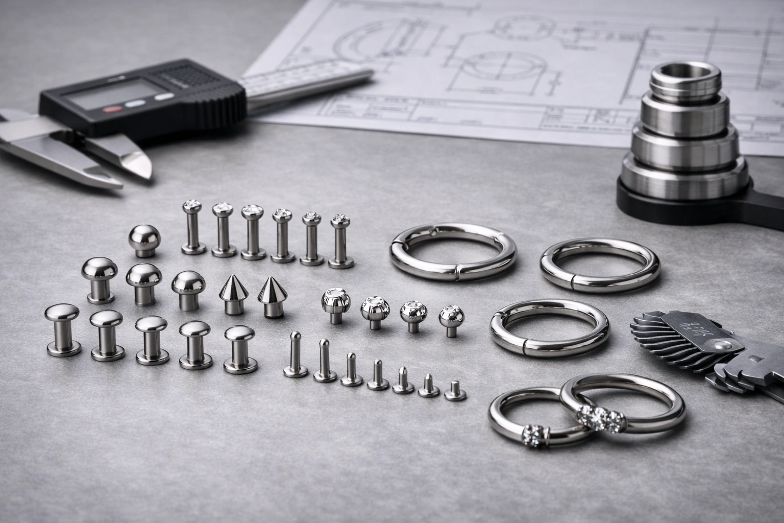 OEM engineering review with titanium piercing jewelry samples, calipers, thread gauges, and technical drawings