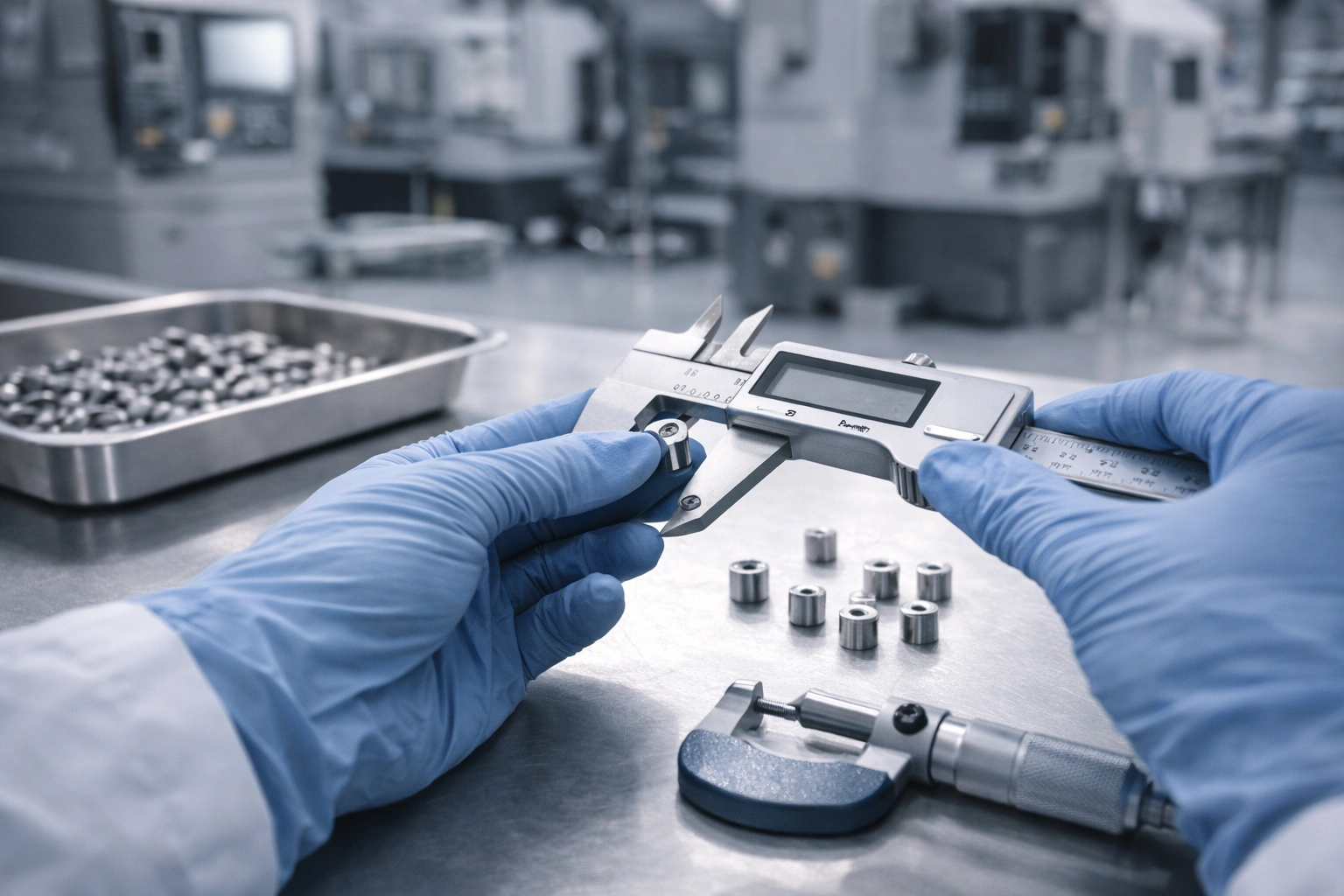 Technician measuring small titanium components at a quality control station