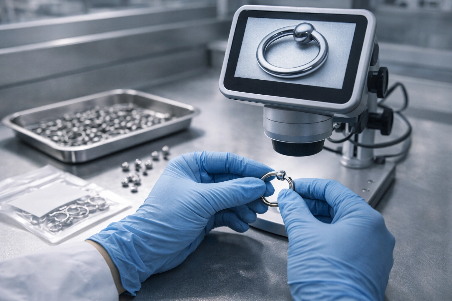 Quality inspector examining implant-grade titanium piercing components in a clean QC area