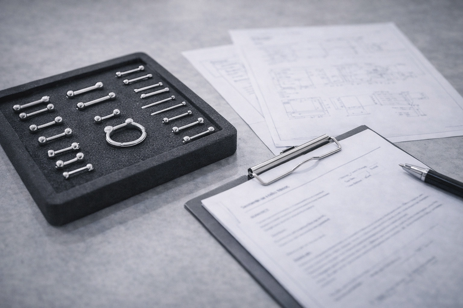 Titanium piercing jewelry samples with technical documents and sourcing materials