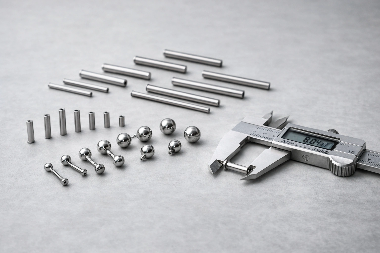 Implant-grade titanium piercing jewelry size and gauge reference with multiple posts and a digital caliper