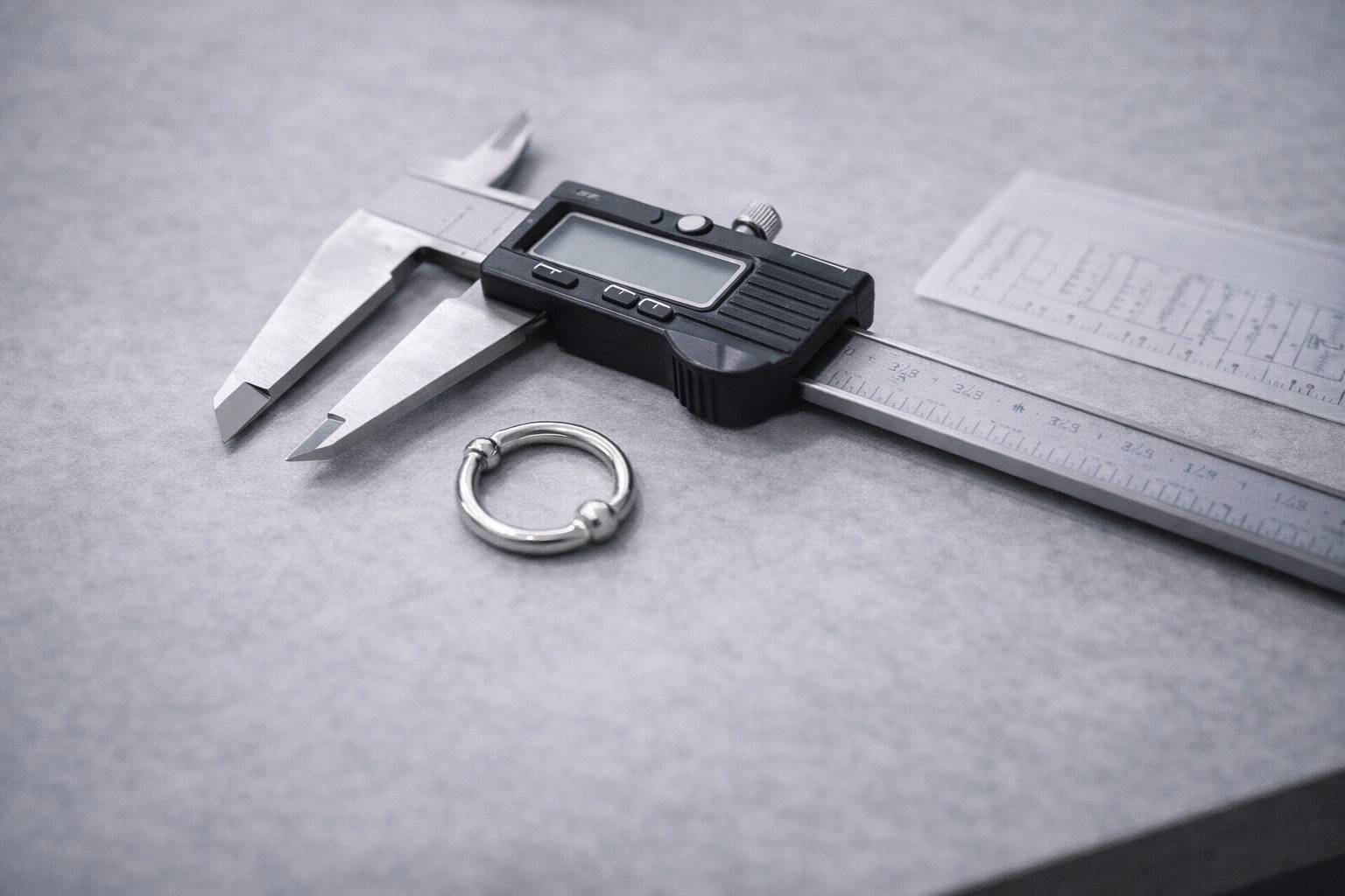 Size and gauge reference for titanium piercing jewelry measured with caliper