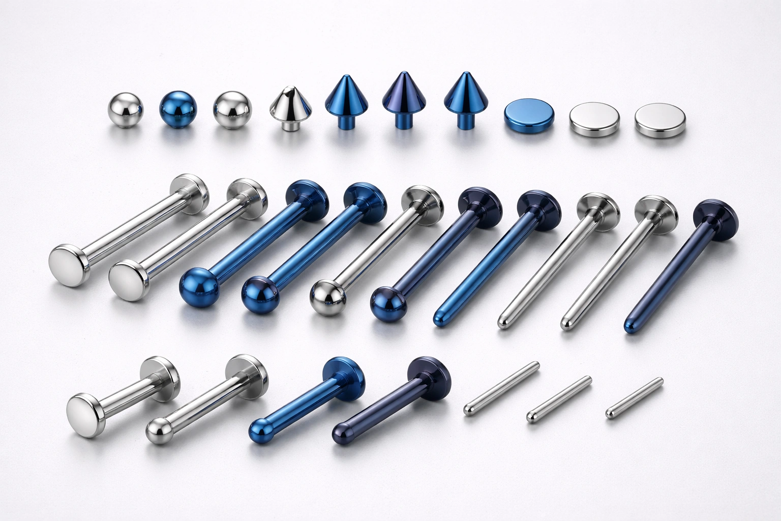 Threadless titanium piercing system flat lay